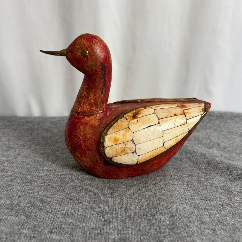 Vintage Decorative Duck Figurine Red Wood Bone Inlay Brass Accents Folk Art 8.5